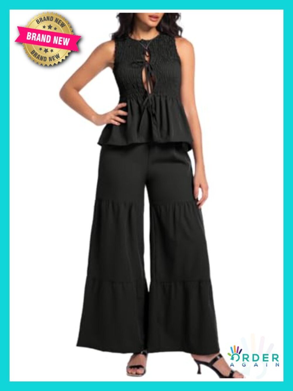 2 Piece Tie-front Smocked Top & Tiered Flared Pants Set for Vacation